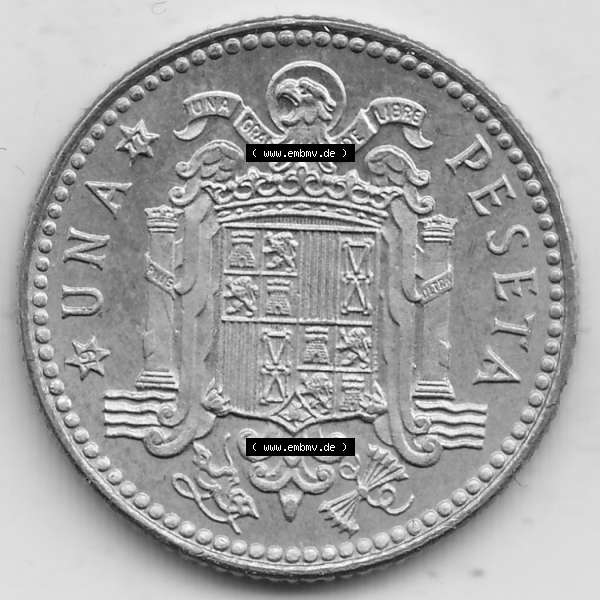 Grau bzw. s/w Alte Münzen KMS Spanien Madrid, Kursmünzensatz 1977, in Stempelglanz Spanien / Espana 1975-1980, 1 PTA UNA Peseta, 1977-1. Rückseite mit Wert-Zahl der... Sammlung Graustufen