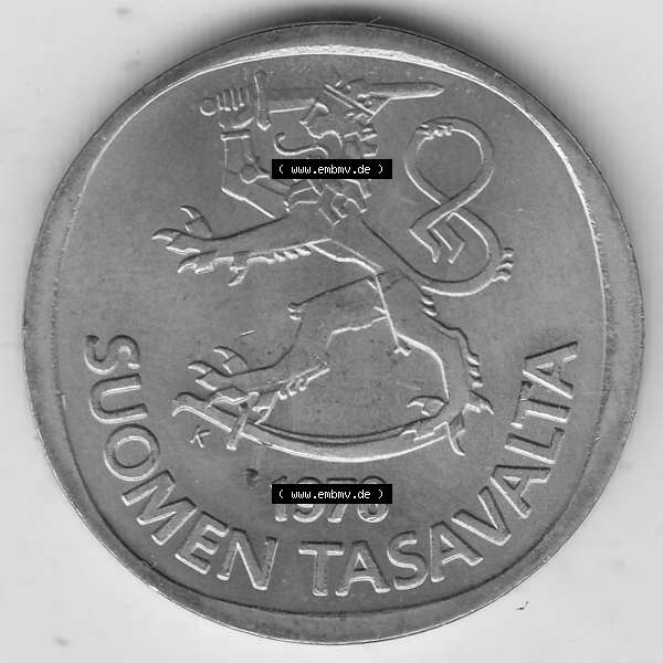Grau bzw. s/w Alte Münzen KMS Finnland, Kursmünzensatz 1978 in Stempelglanz 1969-1993, 1 finnische Mark, Markka 1978-1. Vorderseite einer Münze aus offiziellen KMS / Kursmünzen... Sammlung Graustufen