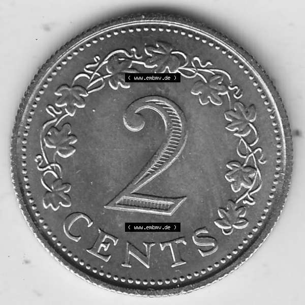 Grau bzw. s/w Bildmaterial Münzensatz / KMS 1972 aus Malta 1972-1982, 2 Cent 1972-1, MALTA 2 CENTS. Rückseite als Einzelansicht einer Umlaufmünze aus 1972 Malta, Münze... Sammlung Graustufen