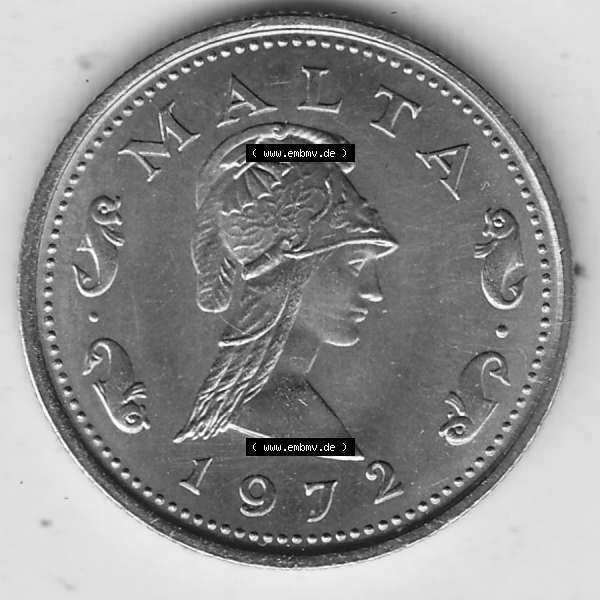 Grau bzw. s/w Bildmaterial Münzensatz / KMS 1972 aus Malta 1972-1982, 2 Cent 1972-1, MALTA 2 CENTS. Vorderseite einer Umlaufmünze aus 1972 Malta, Münze aus offiziellen Kursmünzensatz... Sammlung Graustufen