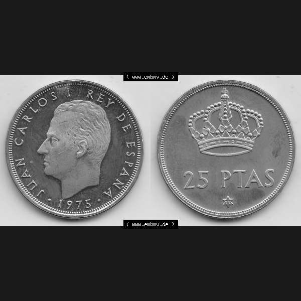 Grau bzw. s/w Alte Münzen KMS Spanien Madrid, Kursmünzensatz 1977, in Stempelglanz Spanien / Espana 1975-1980, 25 PTAS Peseten, 1977-1. Vorderseite und Rückseite mit... Sammlung Graustufen