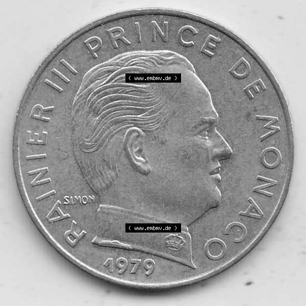 Grau bzw. s/w Alte Münzen Monaco Umlaufmünze Einzelansicht 1962-1995, 20 Centimes, Cent 1979-1, RAINIER III PRINCE DE MONACO SIMON, 20 CENTIMES DEO JUVANTE. Vorderseite der alten... Sammlung Graustufen