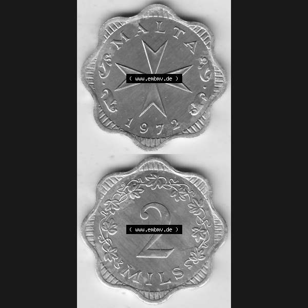 Grau bzw. s/w Bildmaterial Münzensatz / KMS 1972 aus Malta 1972-2007, 2 Mils 1972-1, MALTA 2 MILS. Vorderseite und Rückseite als vertikales untereinander zusammengefügte Bilder... Sammlung Graustufen