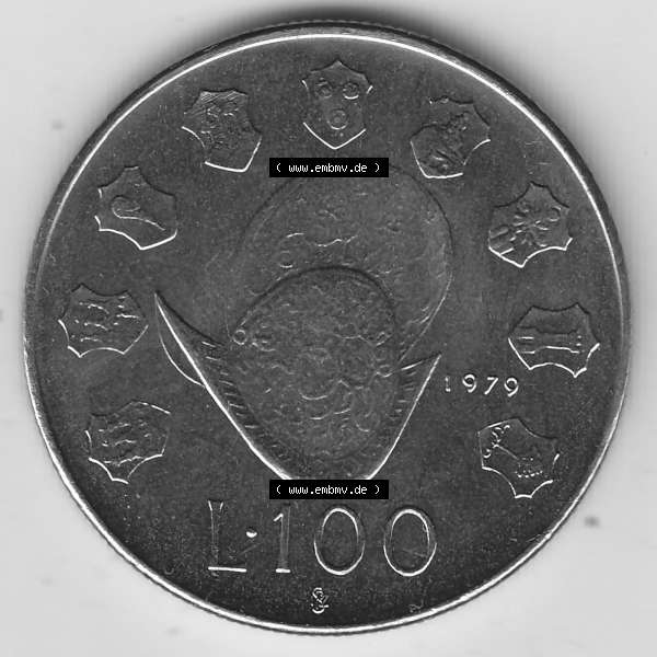 Grau bzw. s/w Bildmaterial Münzensatz / KMS 1979 aus San Marino 1979-1979, 100 Lire, J.P. LIBERTAS REPVBBLICA DI S. MARINO L.100. Rückseite als Einzelansicht... Sammlung Graustufen
