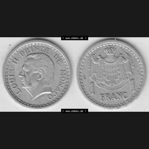 Grau bzw. s/w Alte Münzen Monaco Umlaufmünze Vollansicht 1943-1943, 1 Franken 1943-1 Aluminium, L. MAUBERT LOUIS II PRINCE DE MONACO, 1 FRANC DEO JUVANTE. Vorderseite und Rückseite... Sammlung Graustufen