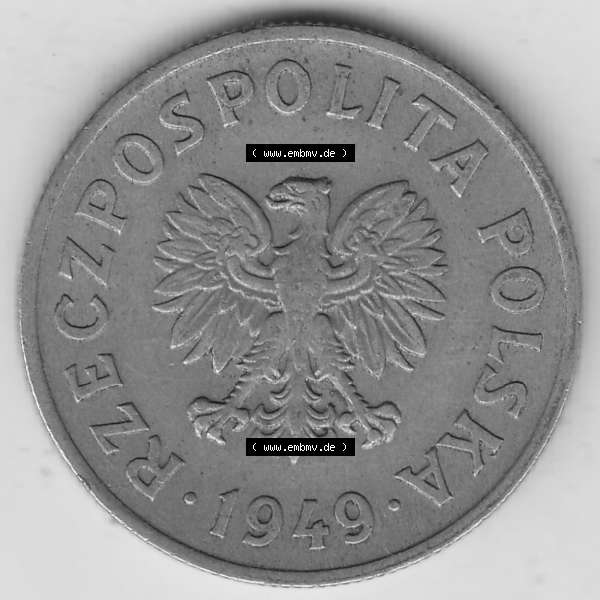 Grau bzw. s/w Münzen Polen KMS, Kursmünzensatz 1949-1949, Republik Polen 50 Groszy, Groschen, Kupfer 1949-1. Vorderseite einer polnischen Münzen auf einen Digitalen Bild... Sammlung Graustufen