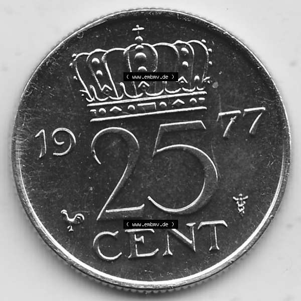 Grau bzw. s/w Alte Münzen KMS Niederlande, Kursmünzensatz 1977, 1950-1980, 25 Cent, 1977-1 JULIANA KONINGIN DER NEDERLANDEN. Rückseite mit Wert-Zahl bzw. Nennwert... Sammlung Graustufen