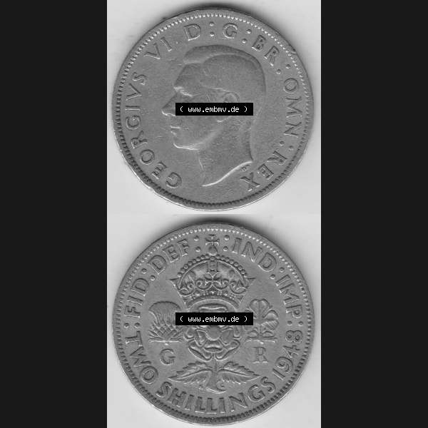 Grau bzw. s/w Alte Münzen Großbritannien Umlaufmünze 1947-1948, 2 Schilling-Florin, Two Shillings, 1948-3, George VI, GEORGIVS VI D G BR OMN REX, FID DEF IND IMP,... Sammlung Graustufen