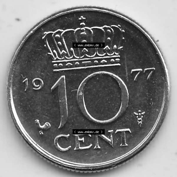 Grau bzw. s/w Alte Münzen KMS Niederlande, Kursmünzensatz 1977, 1950-1980, 10 Cent, 1977-1 JULIANA KONINGIN DER NEDERLANDEN. Rückseite mit Wert-Zahl bzw. Nennwert... Sammlung Graustufen