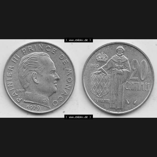 Grau bzw. s/w Alte Münzen Monaco Umlaufmünze Vollansicht 1962-1995, 20 Centimes, Cent 1979-1, RAINIER III PRINCE DE MONACO SIMON, 20 CENTIMES DEO JUVANTE. Vorderseite und Rückseite... Sammlung Graustufen