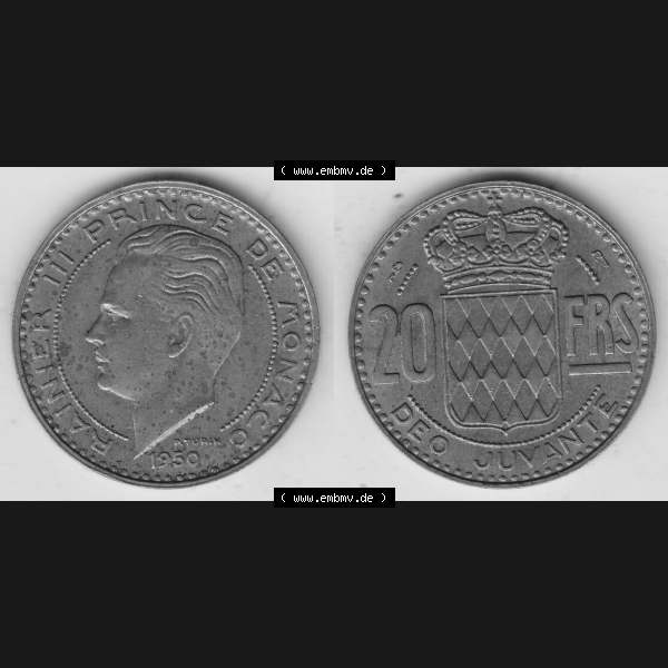 Grau bzw. s/w Alte Münzen Monaco Umlaufmünze Vollansicht 1950-1951, 20 Franken - FRS, Francs, 1950-1, P. TURIN RAINIER III PRINCE DE MONACO, 20 FRS DEO JUVANTE.... Sammlung Graustufen