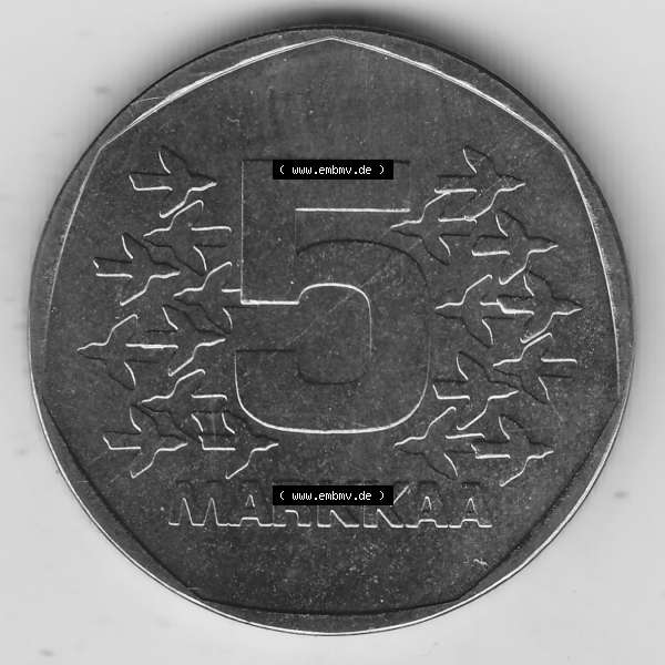 Grau bzw. s/w Alte Münzen KMS Finnland, Kursmünzensatz 1976 in Stempelglanz 1972-1978, 5 Finnische Mark, Markkaa 1976-1, SUOMI FINLAND. Rückseite einer Münze aus KMS... Sammlung Graustufen