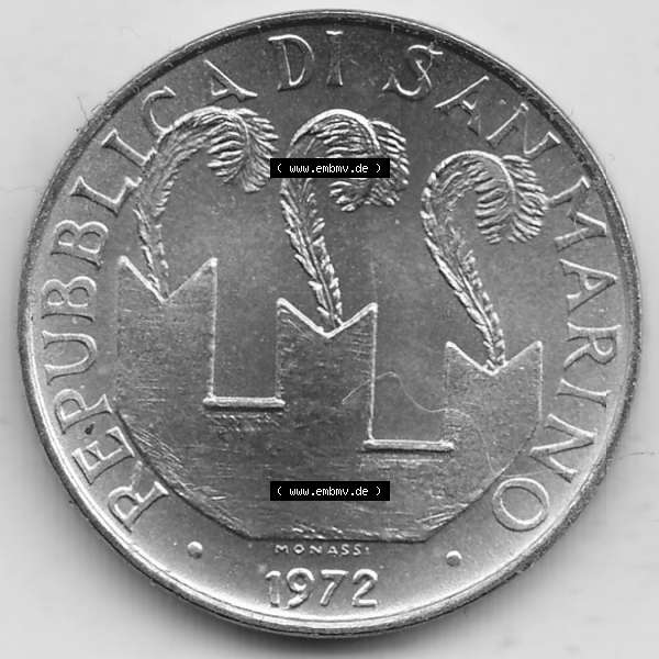 Grau bzw. s/w Bildmaterial Münzensatz / KMS 1972 aus San Marino 1972-1972, 20 Lire, 1972, MONASSI REPUBBLICA DI SAN MARINO. Vorderseite einer Umlaufmünze aus 1972 REPUBBLICA DI... Sammlung Graustufen
