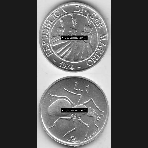 Grau bzw. s/w Bildmaterial Münzensatz / KMS 1974 aus San Marino 1974-1974, 1 Lire, 1 Lira, L.1 MINGUZZI MONASSI INC.. Vorderseite und Rückseite als vertikales untereinander... Sammlung Graustufen