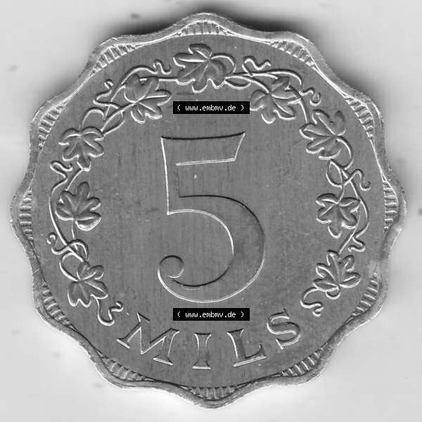 Grau bzw. s/w Bildmaterial Münzensatz / KMS 1972 aus Malta 1972-2007, 5 Mils 1972-1, MALTA 5 MILS. Rückseite als Einzelansicht einer Umlaufmünze aus 1972 Malta, Münze... Sammlung Graustufen