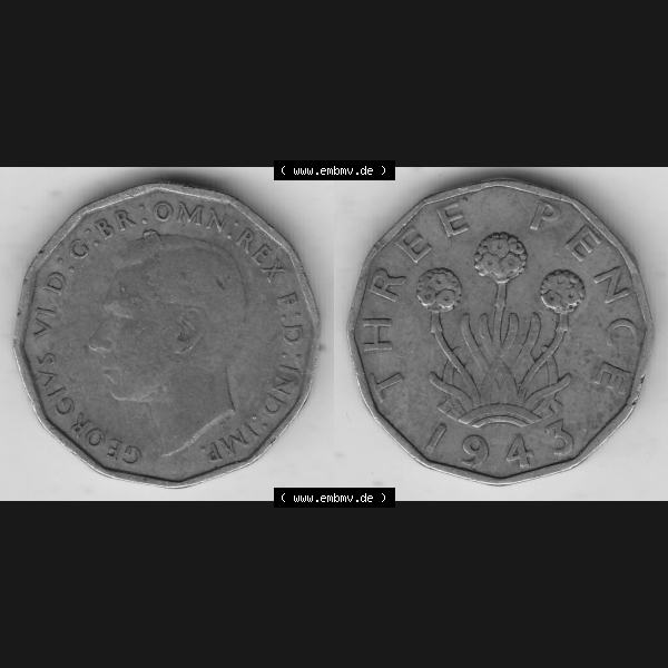 Grau bzw. s/w Alte Münzen Großbritannien Umlaufmünze 1937-1948, 3 Pence, Three Pence 1943-1, George VI, GEORGIVS VI D G BR OMN REX F D IND IMP. Vorderseite und Rückseite... Sammlung Graustufen