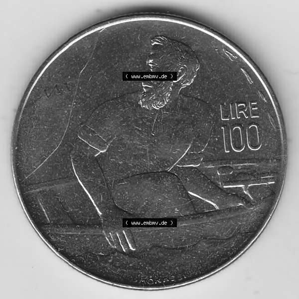 Grau bzw. s/w Bildmaterial Münzensatz / KMS 1972 aus San Marino 1972-1972, 100 Lire von 1972, 100 LIRE MONASSI REPUBBLICA DI SAN MARINO. Rückseite als Einzelansicht einer Umlaufmünze... Sammlung Graustufen