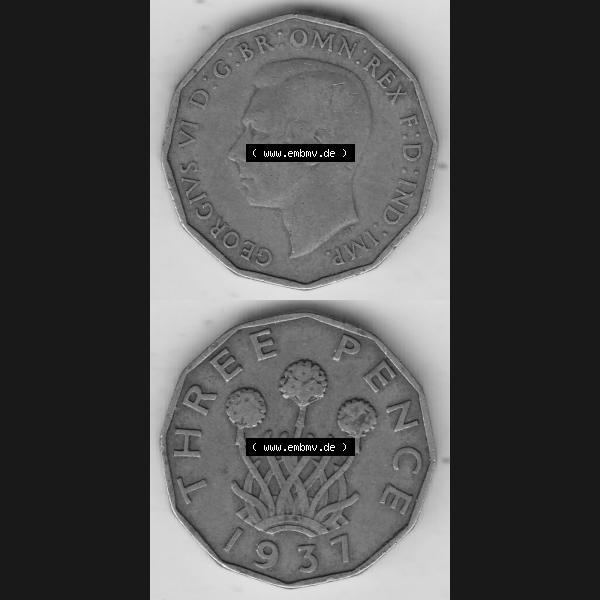 Grau bzw. s/w Alte Münzen Großbritannien Umlaufmünze 1937-1948, 3 Pence, Three Pence 1937-2, George VI, GEORGIVS VI D G BR OMN REX F D IND IMP. Vorderseite und Rückseite... Sammlung Graustufen