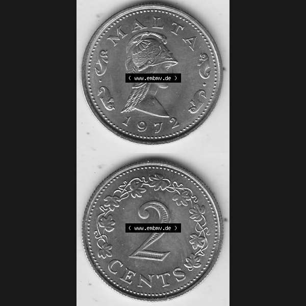 Grau bzw. s/w Bildmaterial Münzensatz / KMS 1972 aus Malta 1972-1982, 2 Cent 1972-1, MALTA 2 CENTS. Vorderseite und Rückseite als vertikales untereinander zusammengefügte Bilder... Sammlung Graustufen