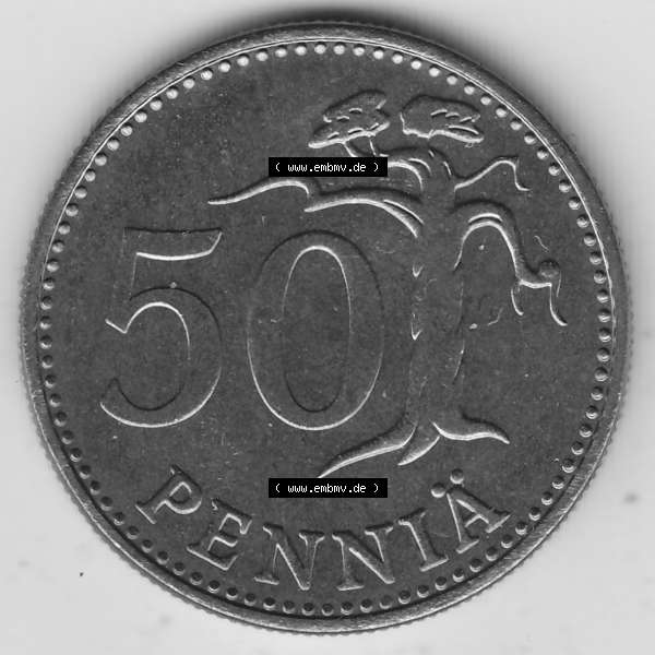 Grau bzw. s/w Alte Münzen KMS Finnland, Kursmünzensatz 1976 in Stempelglanz 1963-1990, 50 Penny Penniä 1976-1, SUOMEN TASAVALTA. Rückseite einer Münze aus KMS /... Sammlung Graustufen