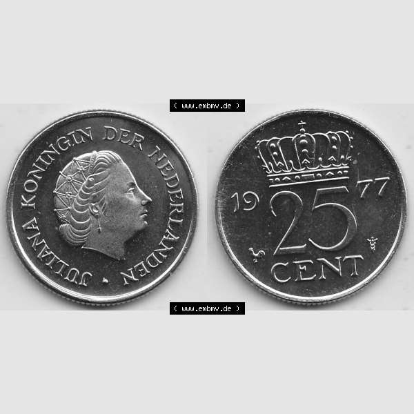 Grau bzw. s/w Alte Münzen KMS Niederlande, Kursmünzensatz 1977, 1950-1980, 25 Cent, 1977-1 JULIANA KONINGIN DER NEDERLANDEN. Digitales Bild / Bildmaterial mit Vorderseite... Sammlung Graustufen
