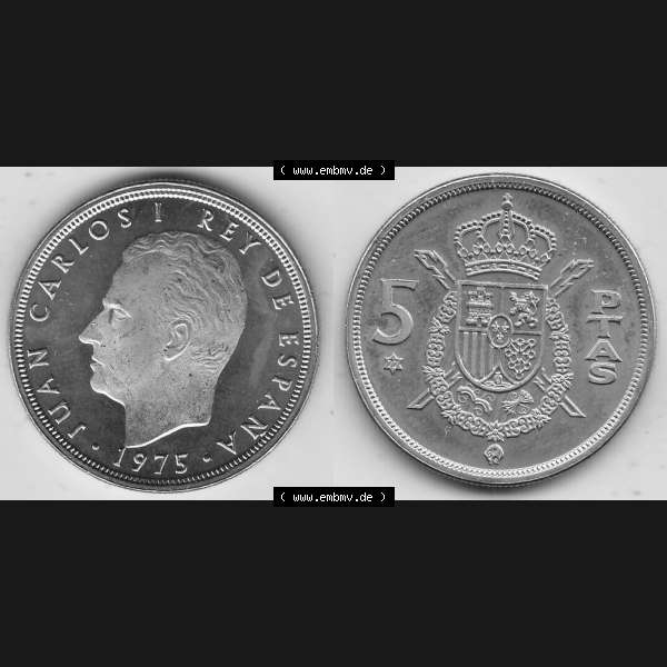 Grau bzw. s/w Alte Münzen KMS Spanien Madrid, Kursmünzensatz 1977, in Stempelglanz Spanien / Espana 1975-1980, 5 PTAS Peseten, 1977-1. Vorderseite und Rückseite mit... Sammlung Graustufen