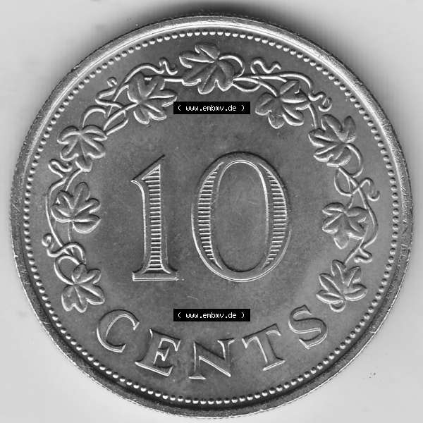 Grau bzw. s/w Bildmaterial Münzensatz / KMS 1972 aus Malta 1972-1981, 10 Cent 1972-1, MALTA 10 CENTS. Rückseite als Einzelansicht einer Umlaufmünze aus 1972 Malta, Münze... Sammlung Graustufen