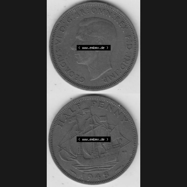 Grau bzw. s/w Alte Münzen Großbritannien Umlaufmünze 1937-1948, Half Penny, 1948-1, George VI, HALF PENNY HP, Segelschiff. Vorderseite und Rückseite vertikal... Sammlung Graustufen