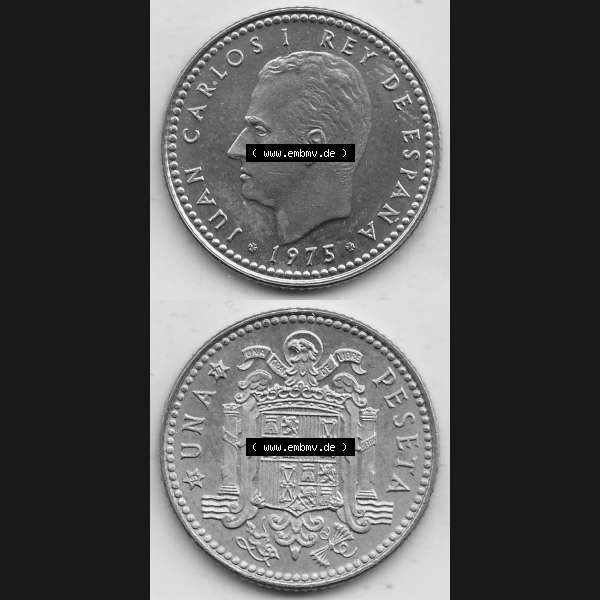 Grau bzw. s/w Alte Münzen KMS Spanien Madrid, Kursmünzensatz 1977, in Stempelglanz Spanien / Espana 1975-1980, 1 PTA UNA Peseta, 1977-1. Vorderseite und Rückseite mit... Sammlung Graustufen
