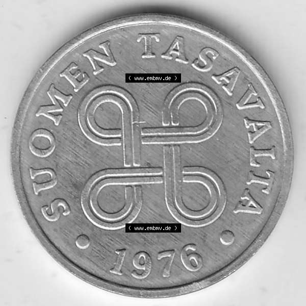 Grau bzw. s/w Alte Münzen KMS Finnland, Kursmünzensatz 1976 in Stempelglanz 1969-1979, 1 Penny, Penni 1976-1, SUOMEN TASAVALTA. Vorderseite einer Münze aus KMS / Kursmünzen... Sammlung Graustufen
