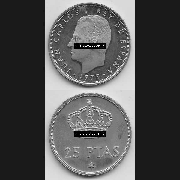 Grau bzw. s/w Alte Münzen KMS Spanien Madrid, Kursmünzensatz 1977, in Stempelglanz Spanien / Espana 1975-1980, 25 PTAS Peseten, 1977-1. Vorderseite und Rückseite mit... Sammlung Graustufen