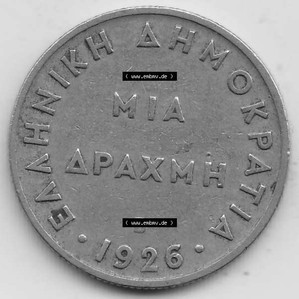 Grau bzw. s/w Alte Münzen KMS Griechenland, Kursmünzensatz 1926-1926, 1 Drachme, Mia Apaxmh 1926-1. Vorderseite der alten griechischen Umlaufmünze aus Griechenland in der Drachmen-Währung... Sammlung Graustufen