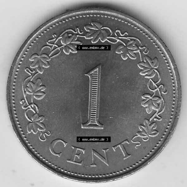 Grau bzw. s/w Bildmaterial Münzensatz / KMS 1972 aus Malta 1972-1982, 1 Cent 1972-1, MALTA 1 CENT. Rückseite als Einzelansicht einer Umlaufmünze aus 1972 Malta, Münze... Sammlung Graustufen