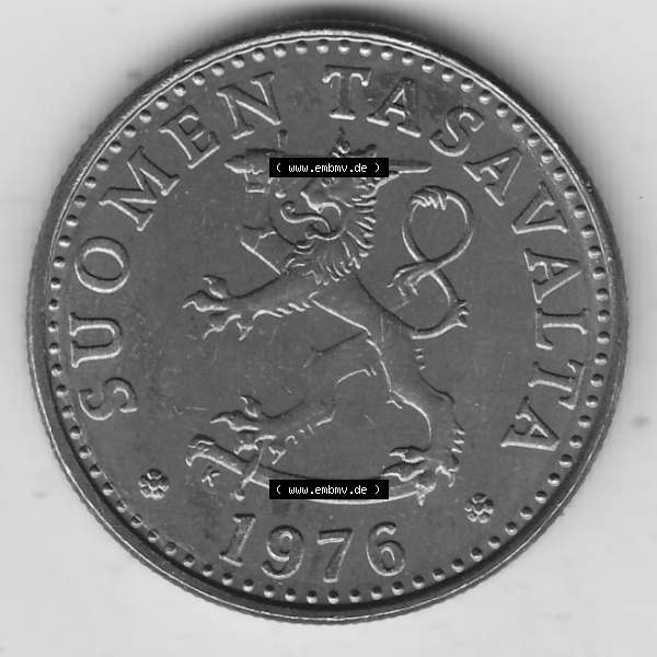 Grau bzw. s/w Alte Münzen KMS Finnland, Kursmünzensatz 1976 in Stempelglanz 1963-1990, 20 Penny Penniä 1976-1, SUOMEN TASAVALTA. Vorderseite einer Münze aus KMS / Kursmünzen... Sammlung Graustufen