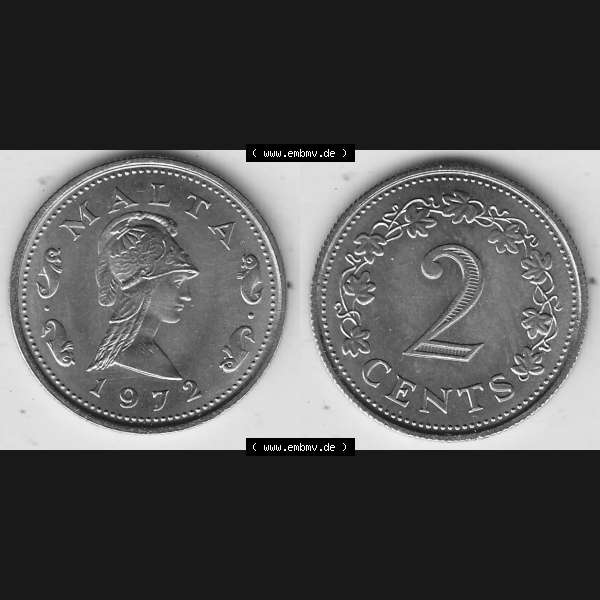 Grau bzw. s/w Bildmaterial Münzensatz / KMS 1972 aus Malta 1972-1982, 2 Cent 1972-1, MALTA 2 CENTS. Vorderseite und Rückseite als horizontales Bildmaterial für Computer-Grafiker... Sammlung Graustufen