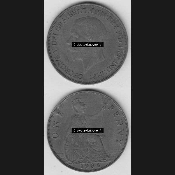 Grau bzw. s/w Münzen Großbritannien Umlaufmünze 1928-1936, 1 One Penny, 1936-3, George V. BM GEORGIVS V DEI GRABRITTOMNREX FIDDEFINDIMP. Vorderseite und Rückseite... Sammlung Graustufen