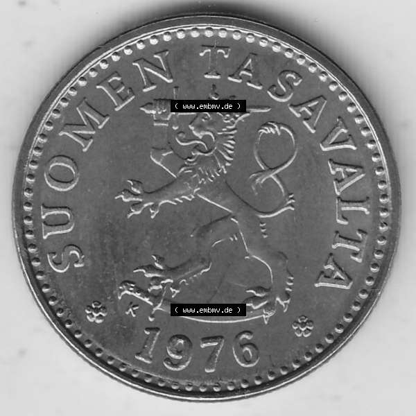 Grau bzw. s/w Alte Münzen KMS Finnland, Kursmünzensatz 1976 in Stempelglanz 1963-1982, 10 Penny, Penniä 1976-1, SUOMEN TASAVALTA. Vorderseite einer Münze aus KMS /... Sammlung Graustufen