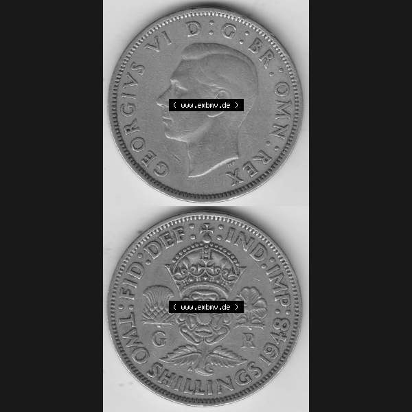 Grau bzw. s/w Alte Münzen Großbritannien Umlaufmünze 1947-1948, 2 Schilling-Florin, Two Shillings, 1948-2, George VI, GEORGIVS VI D G BR OMN REX, FID DEF IND IMP,... Sammlung Graustufen