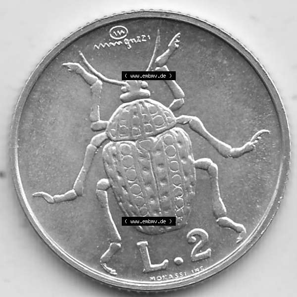 Grau bzw. s/w Bildmaterial Münzensatz / KMS 1974 aus San Marino 1974-1974, 2 Lire, L.2 MINGUZZI MONASSI INC.. Rückseite als Einzelansicht einer Umlaufmünze aus 1974... Sammlung Graustufen