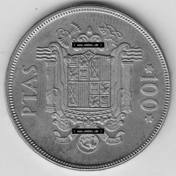 Grau bzw. s/w Alte Münzen KMS Spanien Madrid, Kursmünzensatz 1975, in Stempelglanz 1975-1979, 100 Peseten 1976-1, JUAN CARLOS I REY DE ESPAÑA. Rückseite mit Wert-Zahl... Sammlung Graustufen