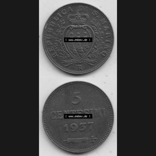 Grau bzw. s/w Bildmaterial Münzen aus San Marino vor 1950, 1935-1938, 5 Centesimi, Cent-Wert 1937-1, LIBERTAS REPUBBLICA DI S. MARINO, 5 CENTESIMI. Vorderseite und Rückseite... Sammlung Graustufen
