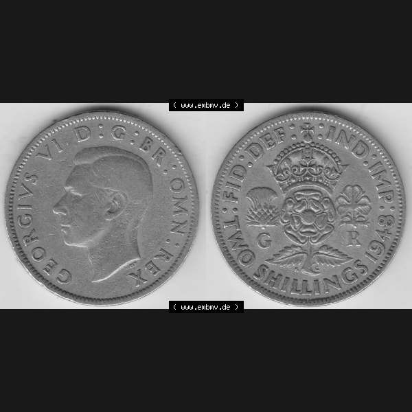 Grau bzw. s/w Alte Münzen Großbritannien Umlaufmünze 1947-1948, 2 Schilling-Florin, Two Shillings, 1948-3, George VI, GEORGIVS VI D G BR OMN REX, FID DEF IND IMP,... Sammlung Graustufen