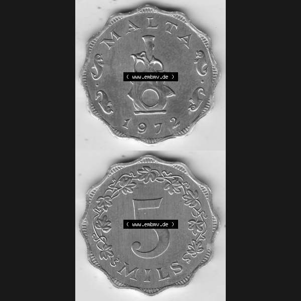 Grau bzw. s/w Bildmaterial Münzensatz / KMS 1972 aus Malta 1972-2007, 5 Mils 1972-1, MALTA 5 MILS. Vorderseite und Rückseite als vertikales untereinander zusammengefügte Bilder... Sammlung Graustufen