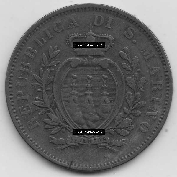 Grau bzw. s/w Bildmaterial Münzen aus San Marino vor 1900, 1875-1894, 10 Centesimi, Cent-Wert, 1875-1, GORI LIBERTAS REPUBBLICA DI S. MARINO, 10 CENTESIMI. Vorderseite... Sammlung Graustufen