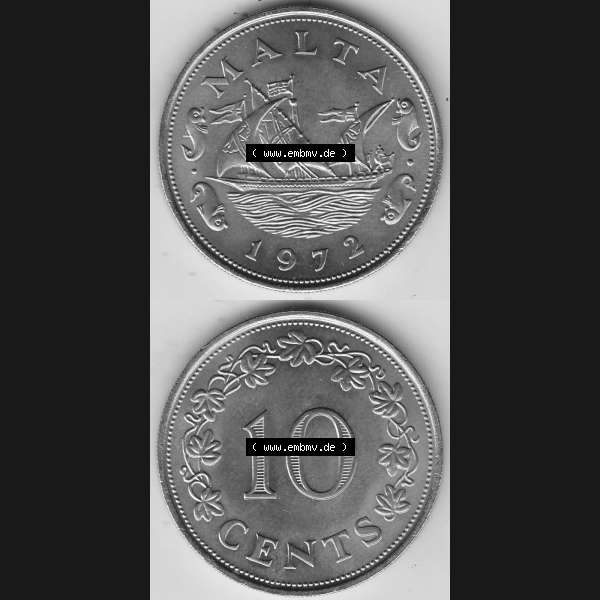 Grau bzw. s/w Bildmaterial Münzensatz / KMS 1972 aus Malta 1972-1981, 10 Cent 1972-1, MALTA 10 CENTS. Vorderseite und Rückseite als vertikales untereinander zusammengefügte Bilder... Sammlung Graustufen
