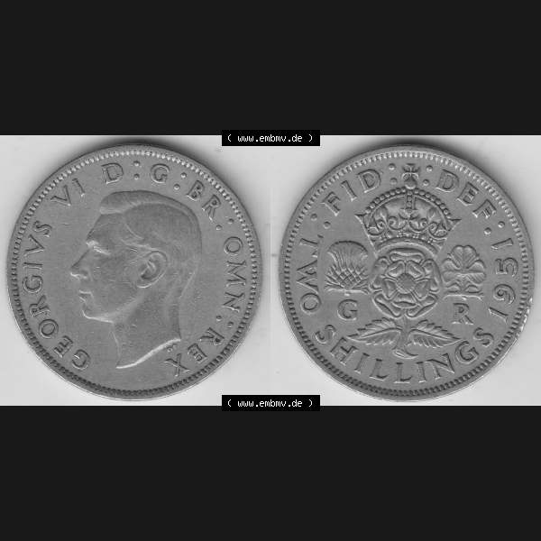 Grau bzw. s/w Alte Münzen Großbritannien Umlaufmünze 1949-1951, 2 Schilling, Shillings (Florin) 1951-1, George VI, GEORGIVS VI DG BR OMN REX, FID DEF TWO SHILLINGS.... Sammlung Graustufen
