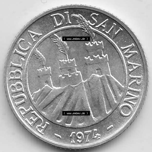 Grau bzw. s/w Bildmaterial Münzensatz / KMS 1974 aus San Marino 1974-1974, 2 Lire, L.2 MINGUZZI MONASSI INC.. Vorderseite einer Umlaufmünze aus 1974 REPUBBLICA DI SAN MARINO,... Sammlung Graustufen