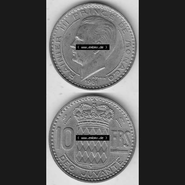 Grau bzw. s/w Alte Münzen Monaco Umlaufmünze Vollansicht 1950-1951, 10 Franken - FRS, Francs, 1951-1, P. TURIN RAINIER III PRINCE DE MONACO, 10 FRS DEO JUVANTE.... Sammlung Graustufen