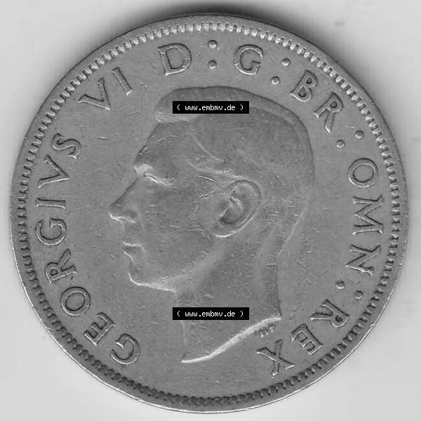 Grau bzw. s/w Alte Münzen Großbritannien Umlaufmünze 1949-1951, 2 Schilling, Shillings (Florin) 1951-1, George VI, GEORGIVS VI DG BR OMN REX, FID DEF TWO SHILLINGS.... Sammlung Graustufen