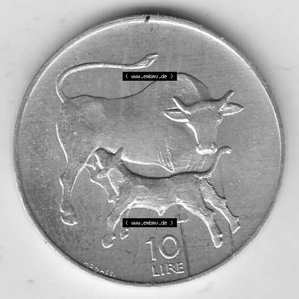 Grau bzw. s/w Bildmaterial Münzensatz / KMS 1972 aus San Marino 1972-1972, 10 Lire 1972, MONASSI REPUBBLICA DI SAN MARINO, 10 LIRE. Rückseite als Einzelansicht einer Umlaufmünze... Sammlung Graustufen